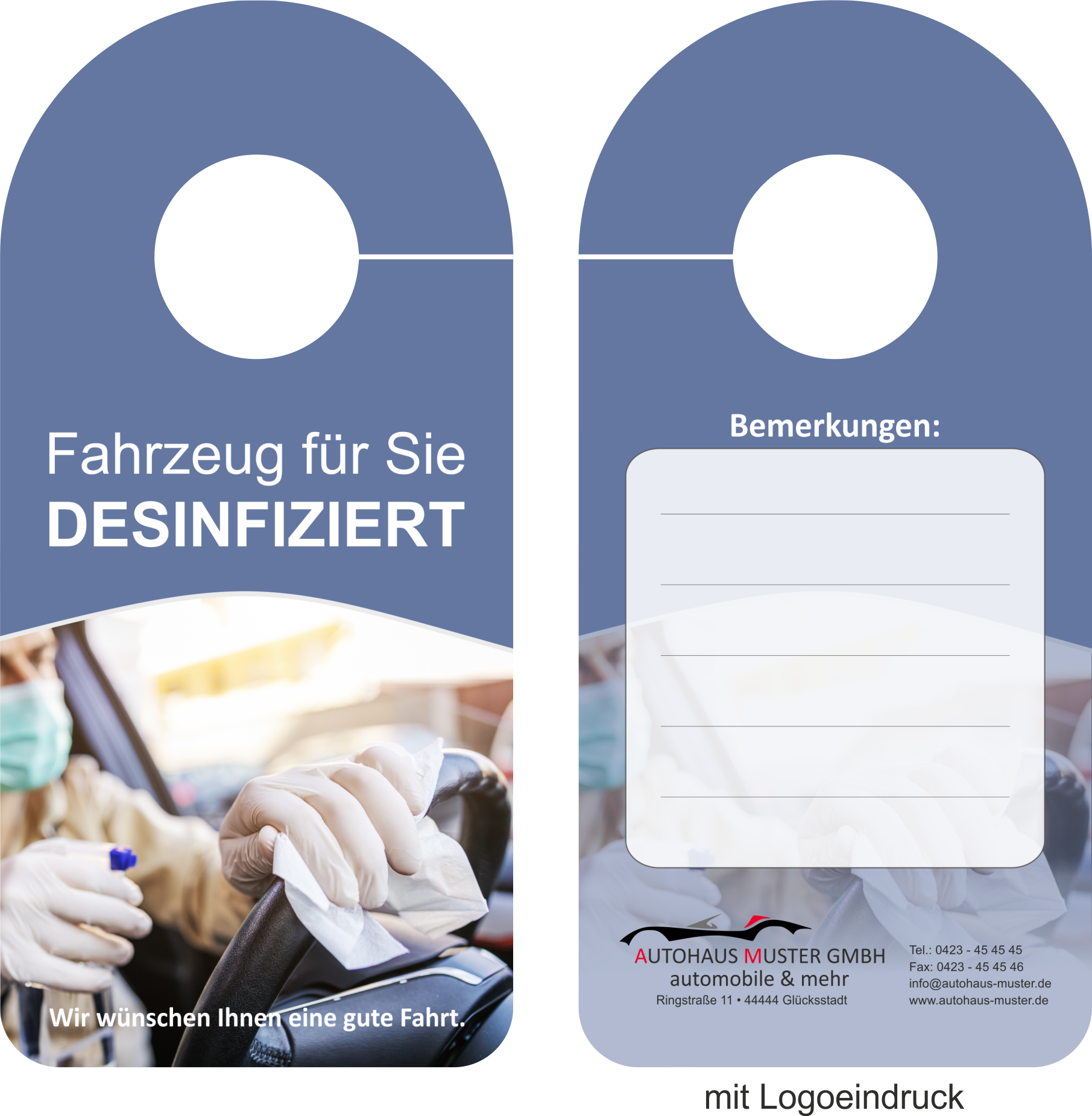 Spiegelanhänger mit Eindruck "Fahrzeug desinfiziert"