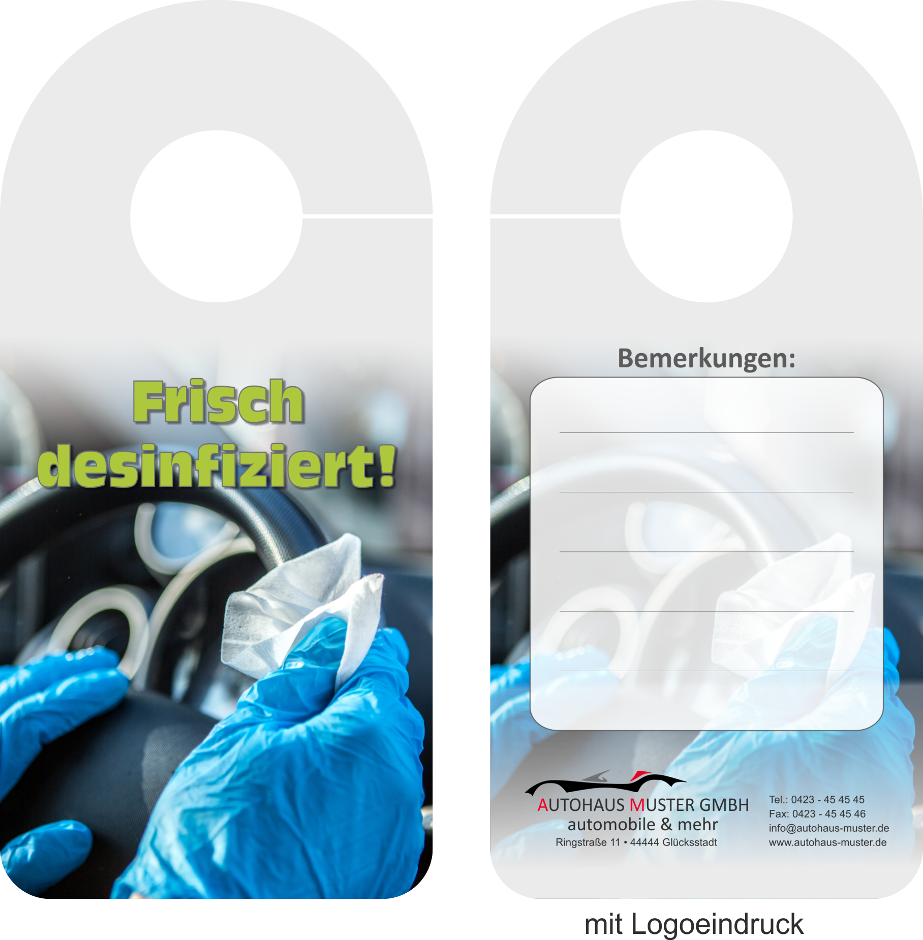 Spiegelanhänger mit Eindruck "Frisch desinfiziert"